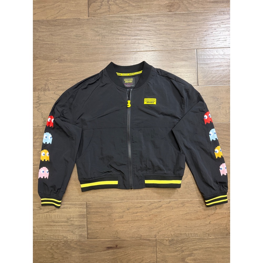 Justice Pac-Man Girls Bomber Jacket Black XL 16/18 Retro Gaming Windbreaker Zip